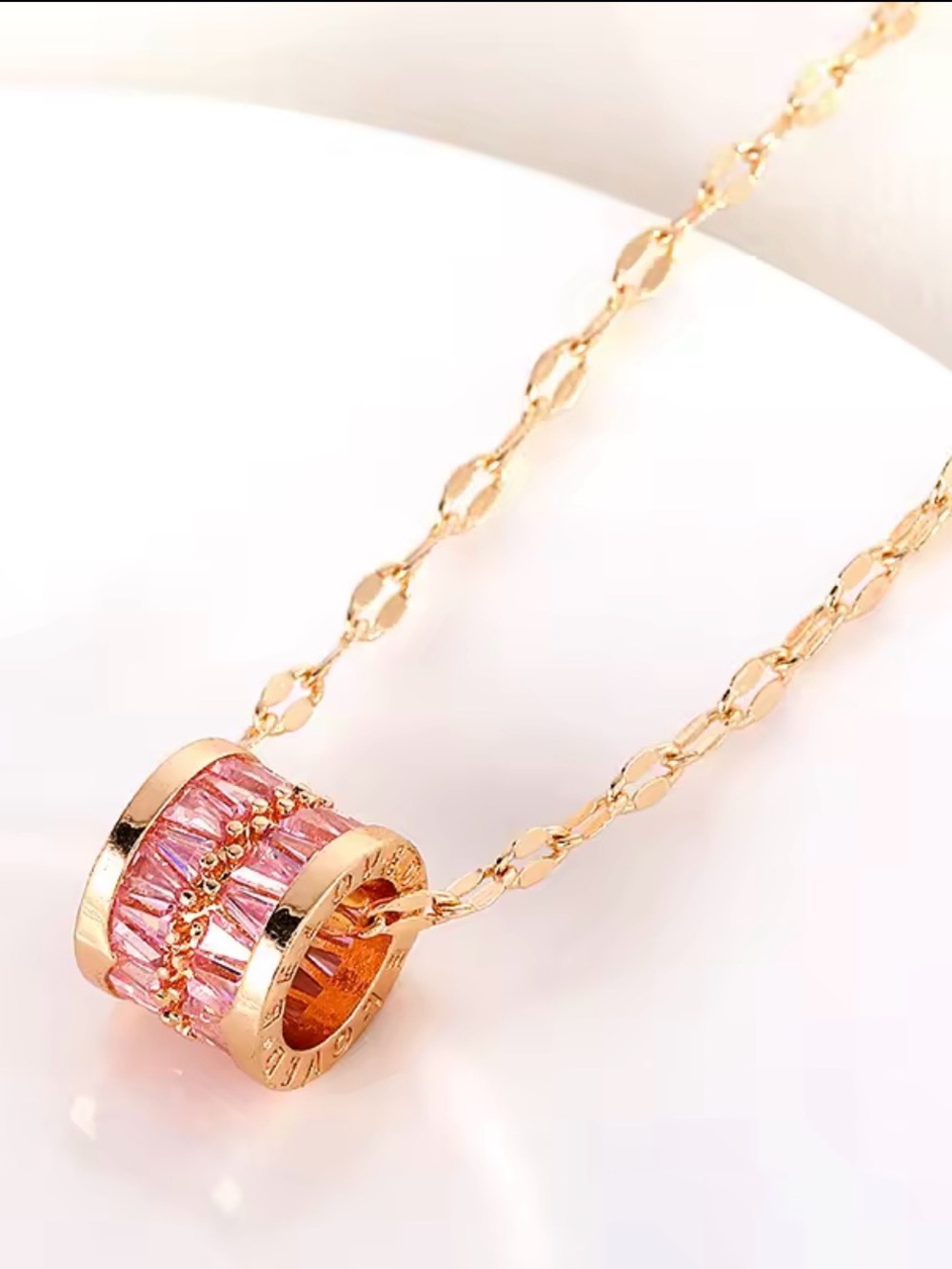 Gold Pink Crystal Barrel Pendant Necklace